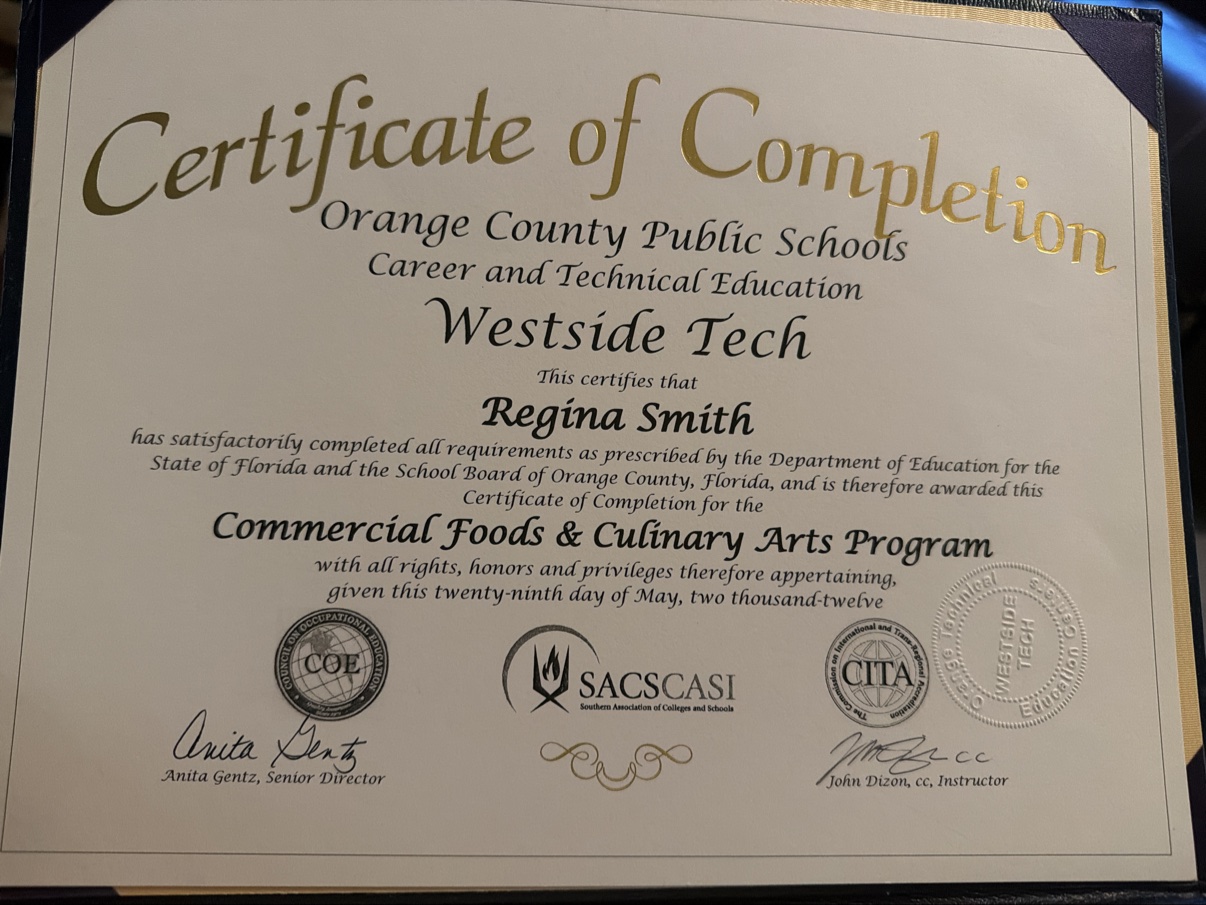 Regina Ferguson's Certificate of Completion in Commercial Foods and Culinary Arts