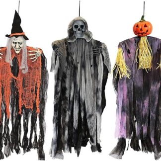 JOYIN 3 Pack 35" Hanging Ghosts — Witch, Grim Reaper & Pumpkin Scarecrow