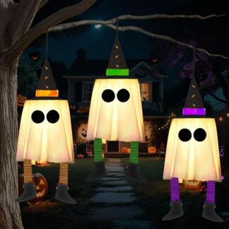 JOYIN 23.6" 3PCS Hanging Ghosts with Witch Hats, warm light + timer