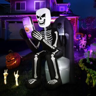 BLOOMWIN 6.1 FT Halloween Inflatable Skeleton & Tombstone with LEDs