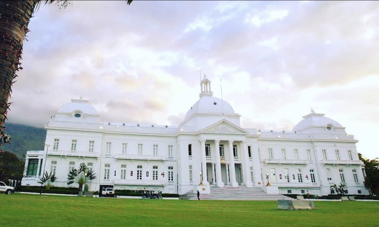 Grand interior staircase of Haiti's National Palace decorated for Christmas